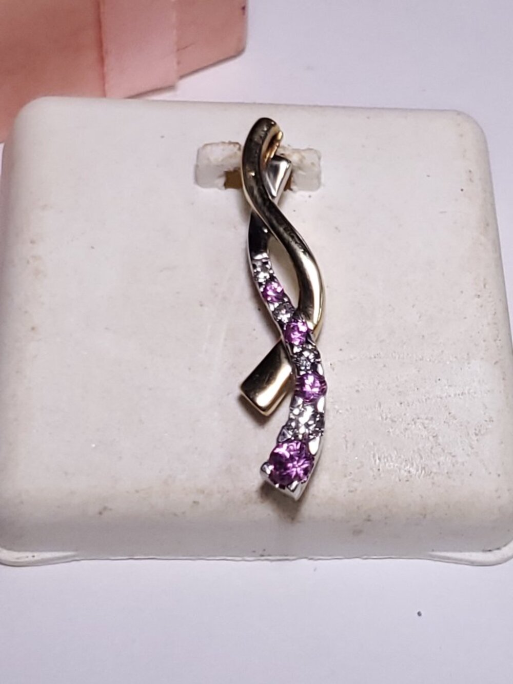 Estate .27cttw Natural Pink and White Round Topaz 2Tone 10Kt Twist Pendant 25237